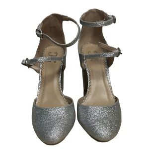 JG Glitter Round Toe Ankle Strap Silver High Heel,‎ Size 7.5